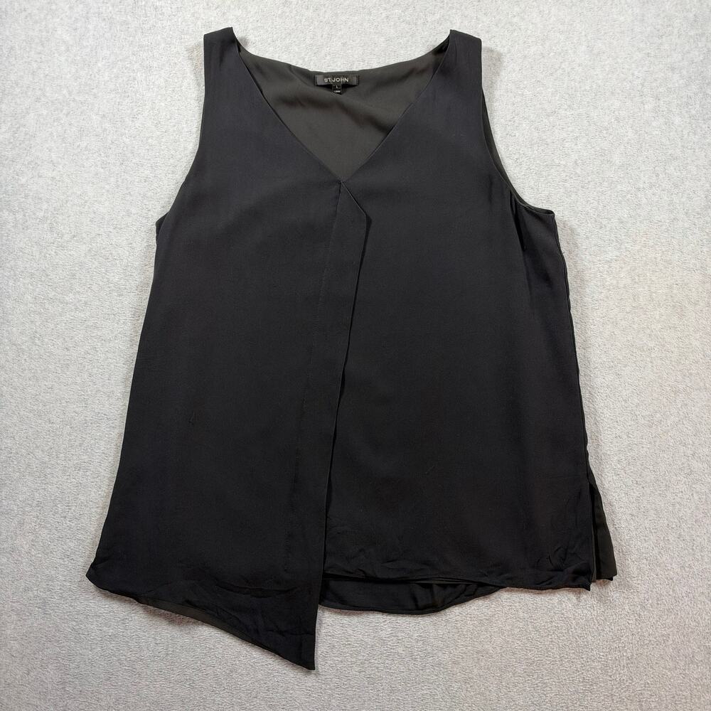 St. John Blouse Tank Top Women's Large Black Asymmetric Draped Pleat V-Neck